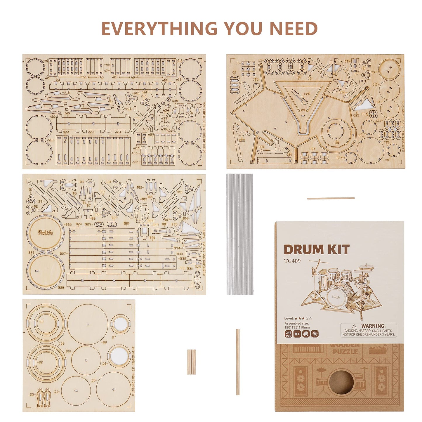 ROBOTIME Wooden Drum Kit – 3D Puzzle DIY Model for Kids & Teens (No Glue Required)