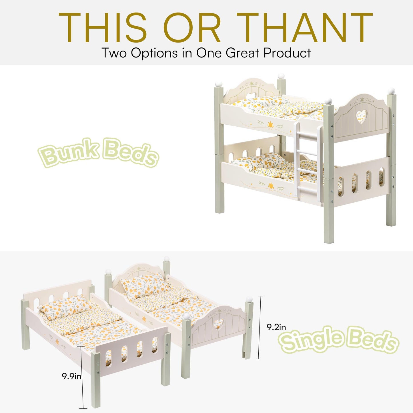 ROBOTIME Baby Doll Bunk Bed – 18-Inch Doll Furniture Set for American Girl Dolls, Green, 2-Piece Wooden Beds