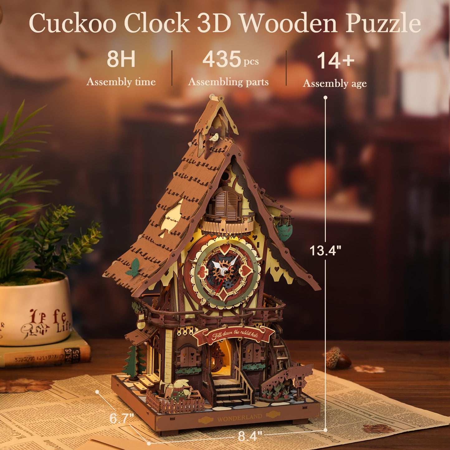 ROBOTIME 3D Wooden Cuckoo Clock Puzzle for Adults – 435-Piece DIY Model Kit with 2 Lights