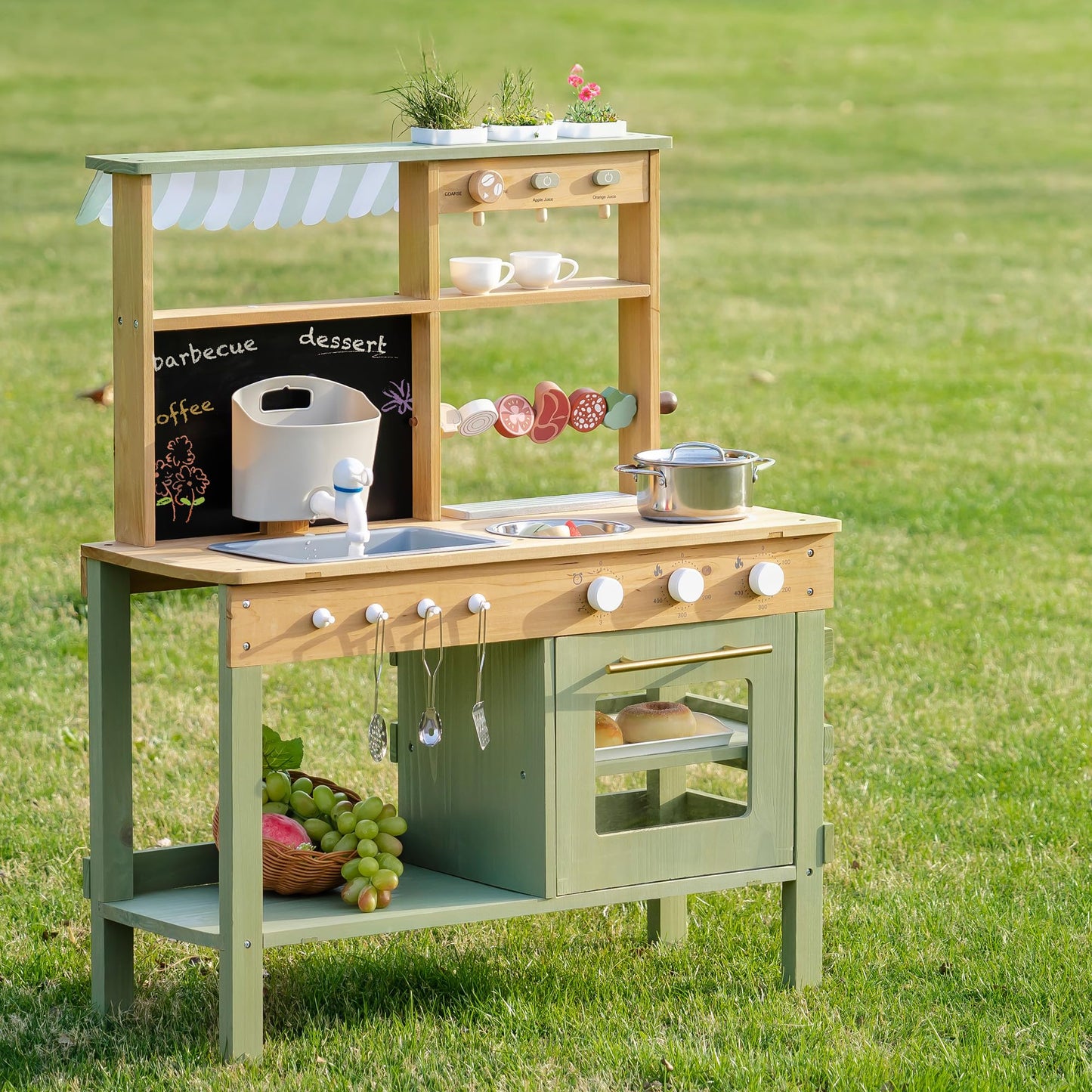 Robotime Mud Kitchen for Kids — Outdoor Wooden Playset with Sink, BBQ Grill, Coffee Maker, Oven & Planting Area