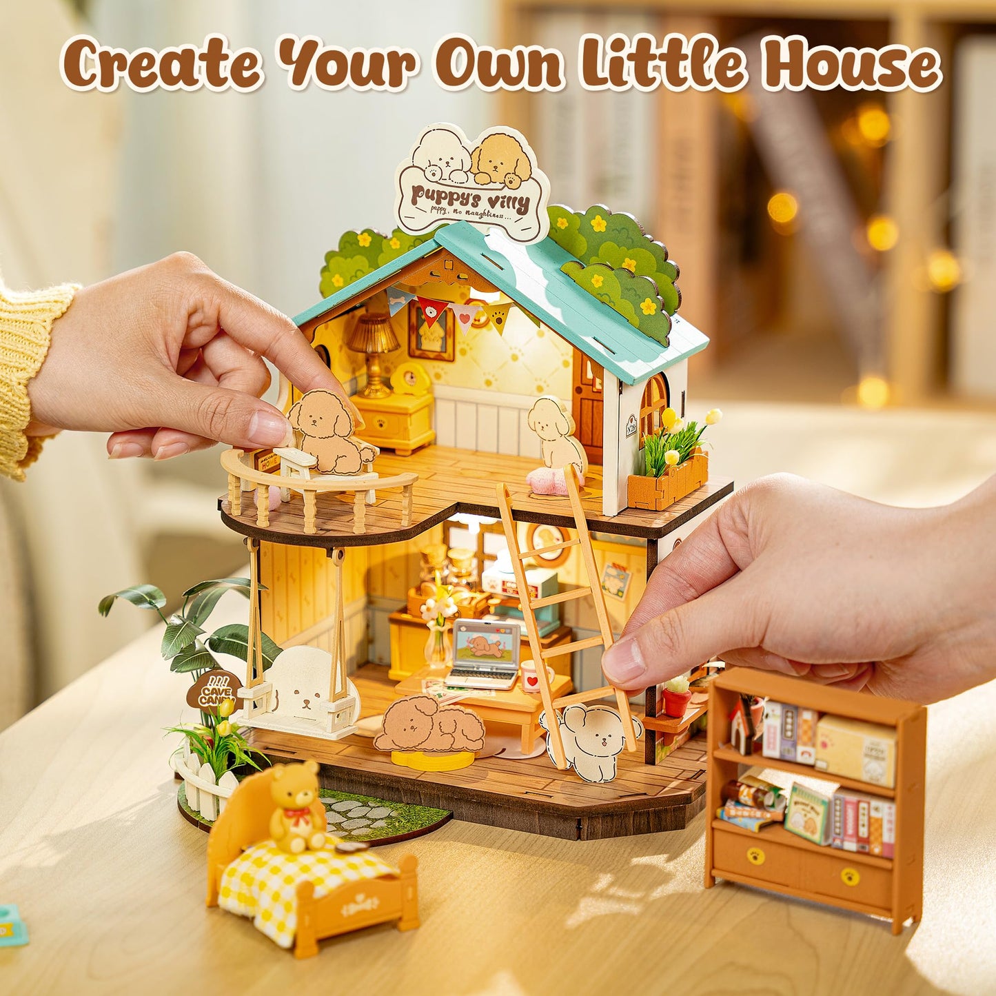 ROBOTIME Puppy's Cozy Villa DIY Miniature House Kit – Tiny Wooden Dollhouse Diorama