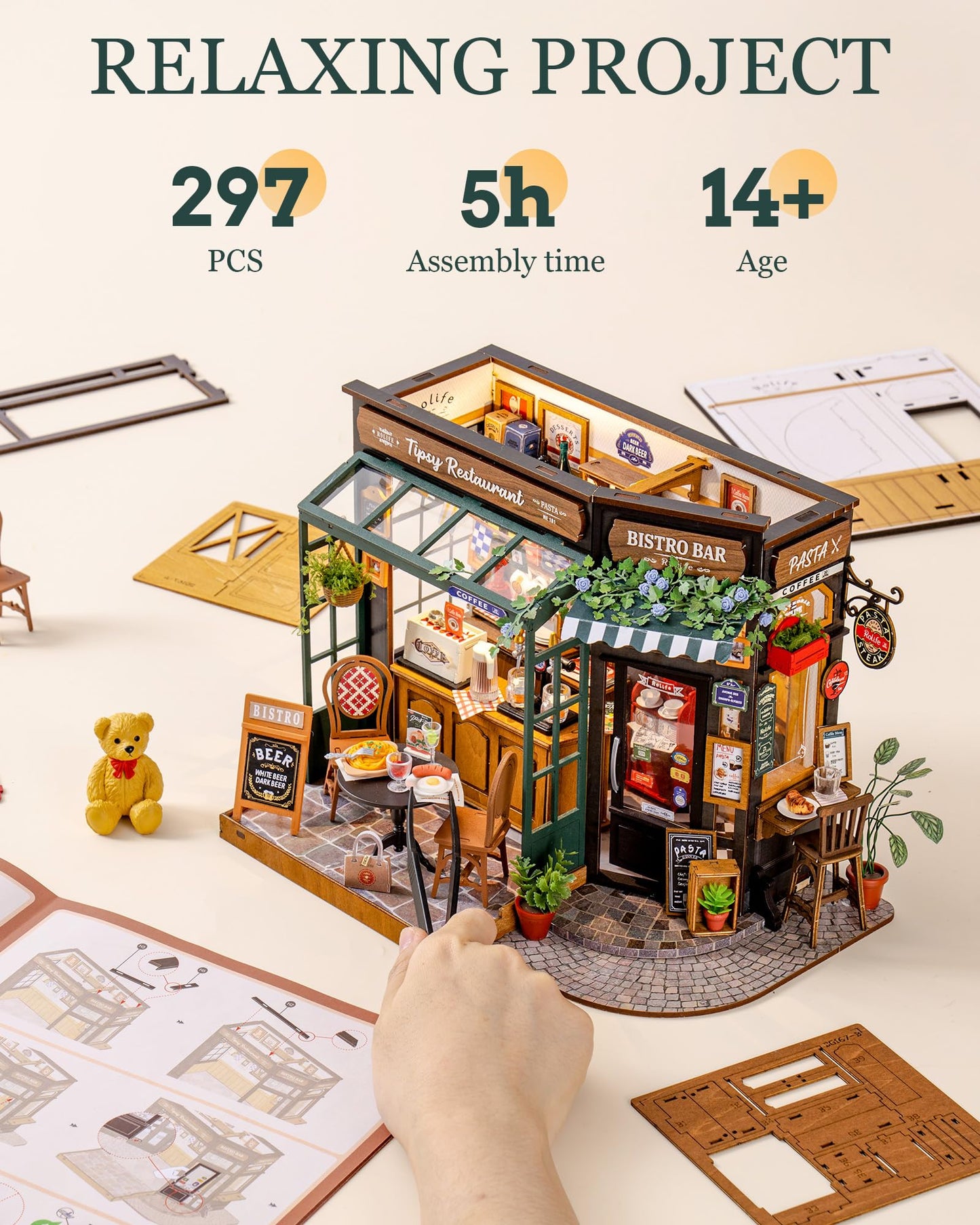 ROBOTIME DIY Tiny House Kit – Tipsy Restaurant Miniature for Adults | Build, Display, Gift