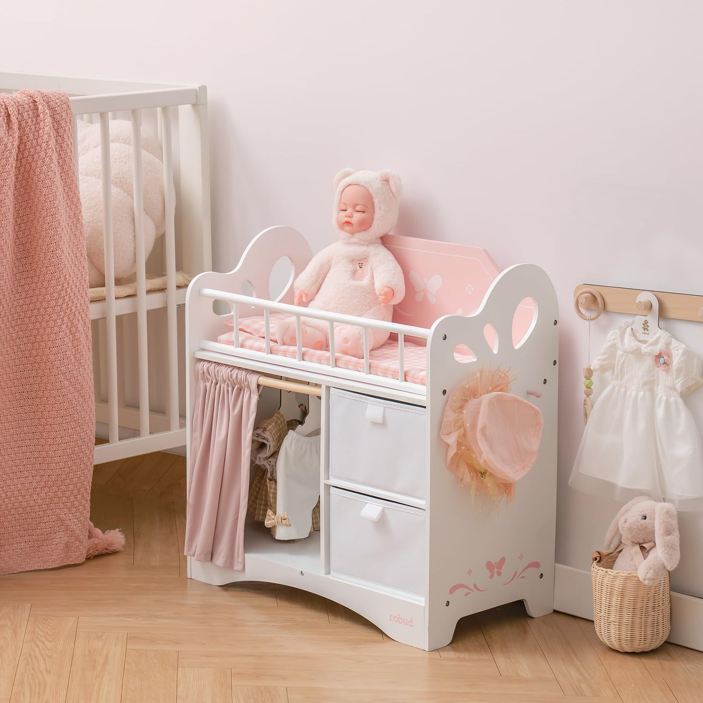 ROBUD Baby Doll Crib – Wooden Doll Bed with Storage & Bedding for Dolls Under 22 Inches (Pink)