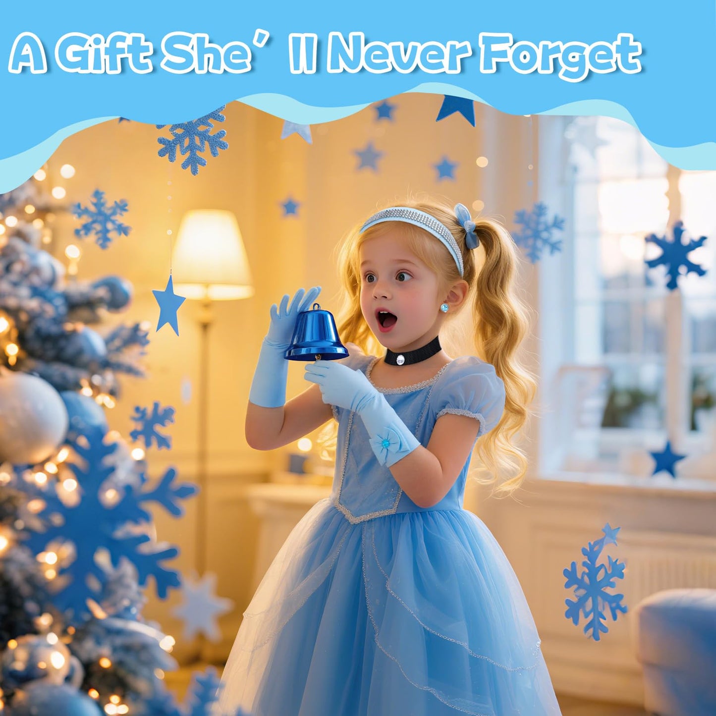 ROC PARTY Cinderella Accessories for Girls - 4-Piece Rhinestone Crown, Headband, Choker, Gloves & Earrings (Blue)