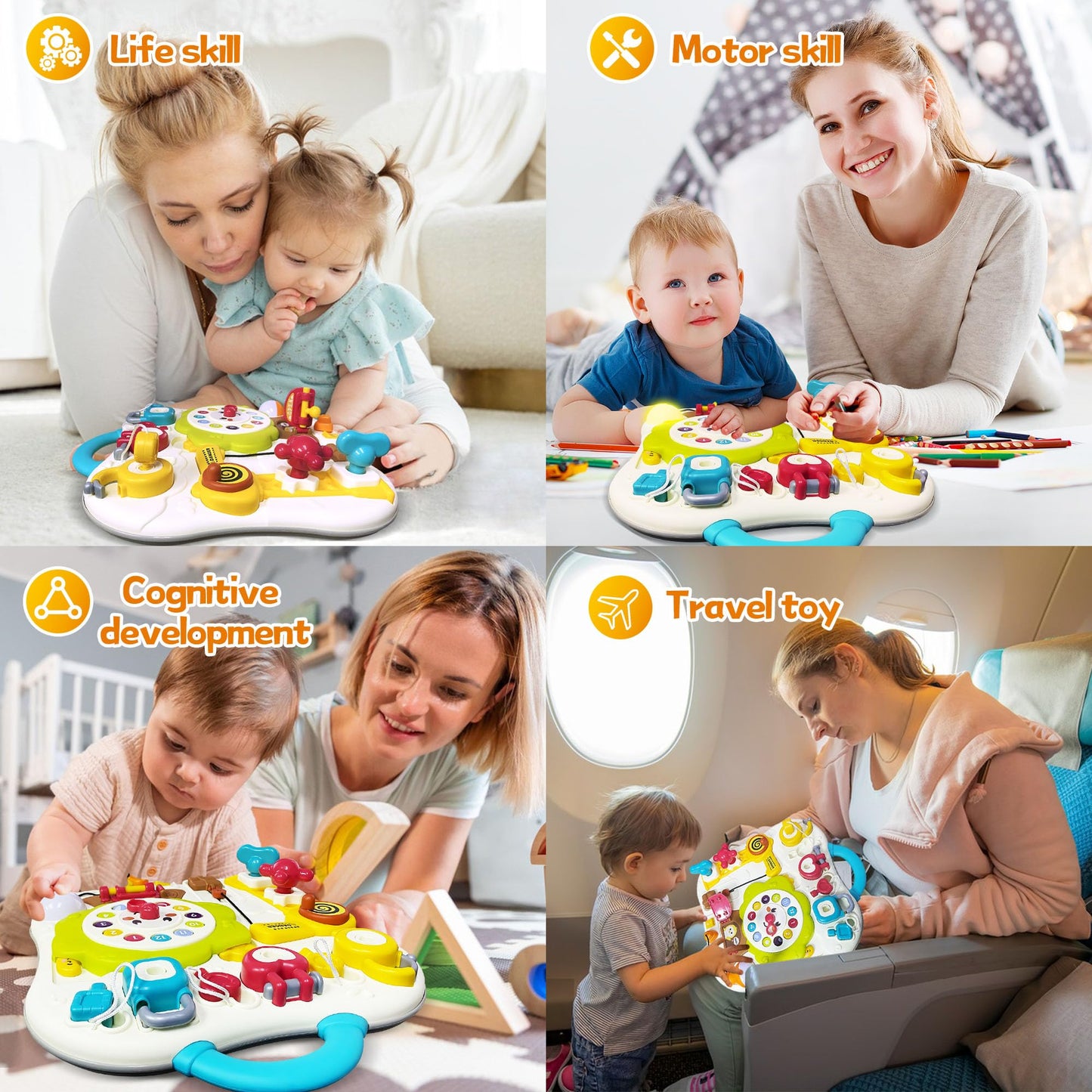 ROHSCE Montessori Busy Board – 13-in-1 Sensory Toy for Toddlers 1-3 | LED Lights & Music, Travel-Friendly