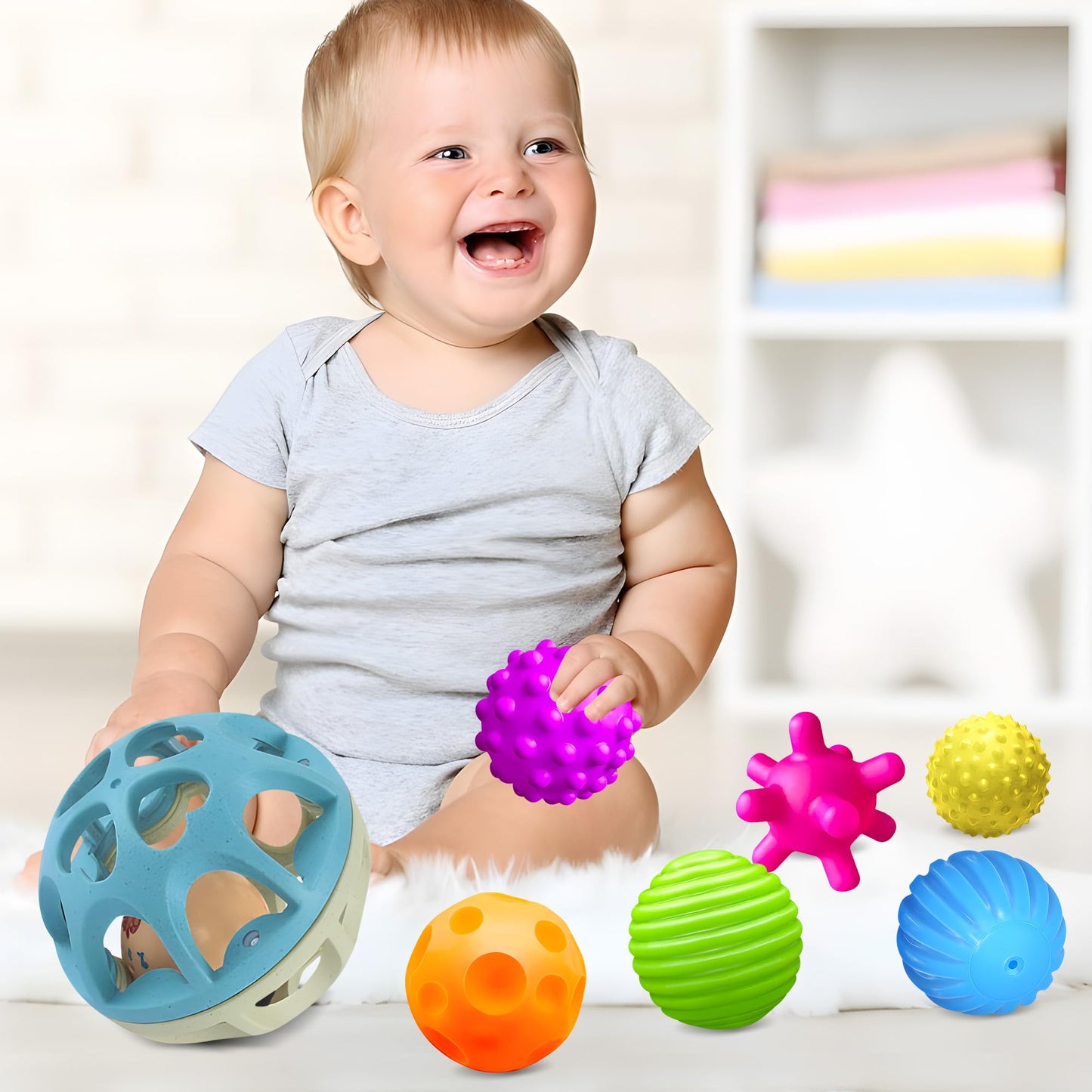ROHSCE Montessori Sensory Toys: Textured Baby Balls & Wheat Straw Rattle