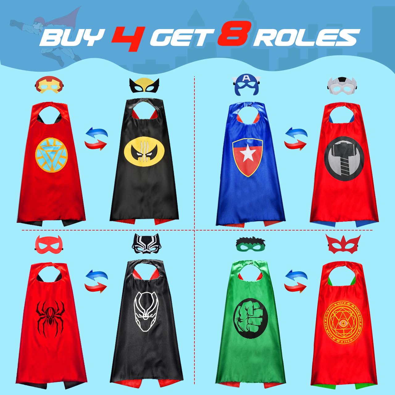 Roko Kids Superhero Capes Set – Double-Sided Satin Capes with Masks (4 Capes, 8 Hero Styles)
