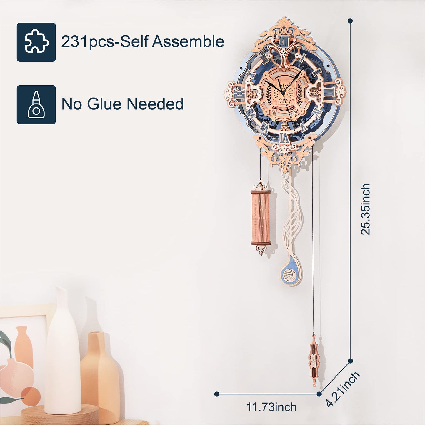 ROKR 3D Puzzles for Adults — Vintage Wooden Pendulum Clock Kit (12-Inch) | DIY Wall Clock