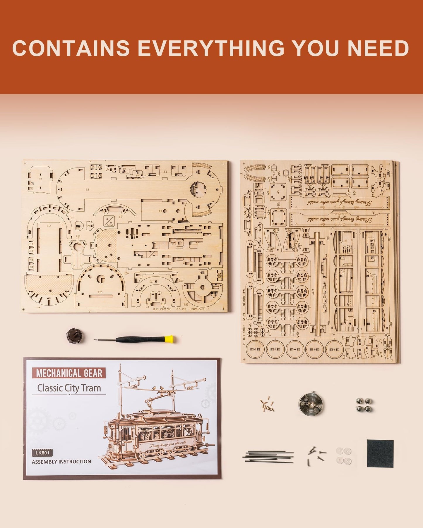 ROKR 3D Wooden Puzzle – Model Tram Car Kit for Adults | Build & Display Railway Toy