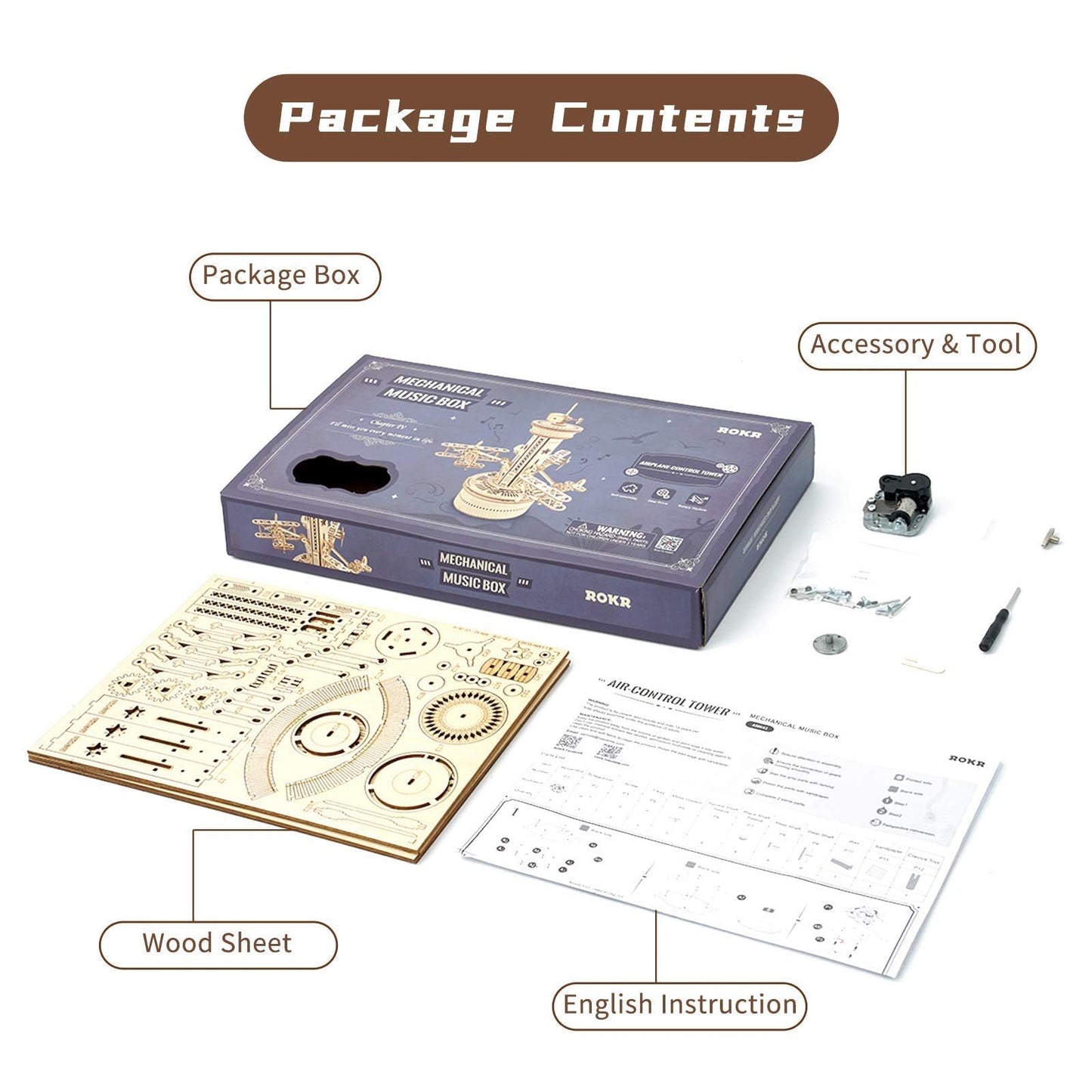 ROKR 3D Wooden Puzzle for Adults: Airplane Tower Music Box – DIY Mechanical Kit (10 inch)