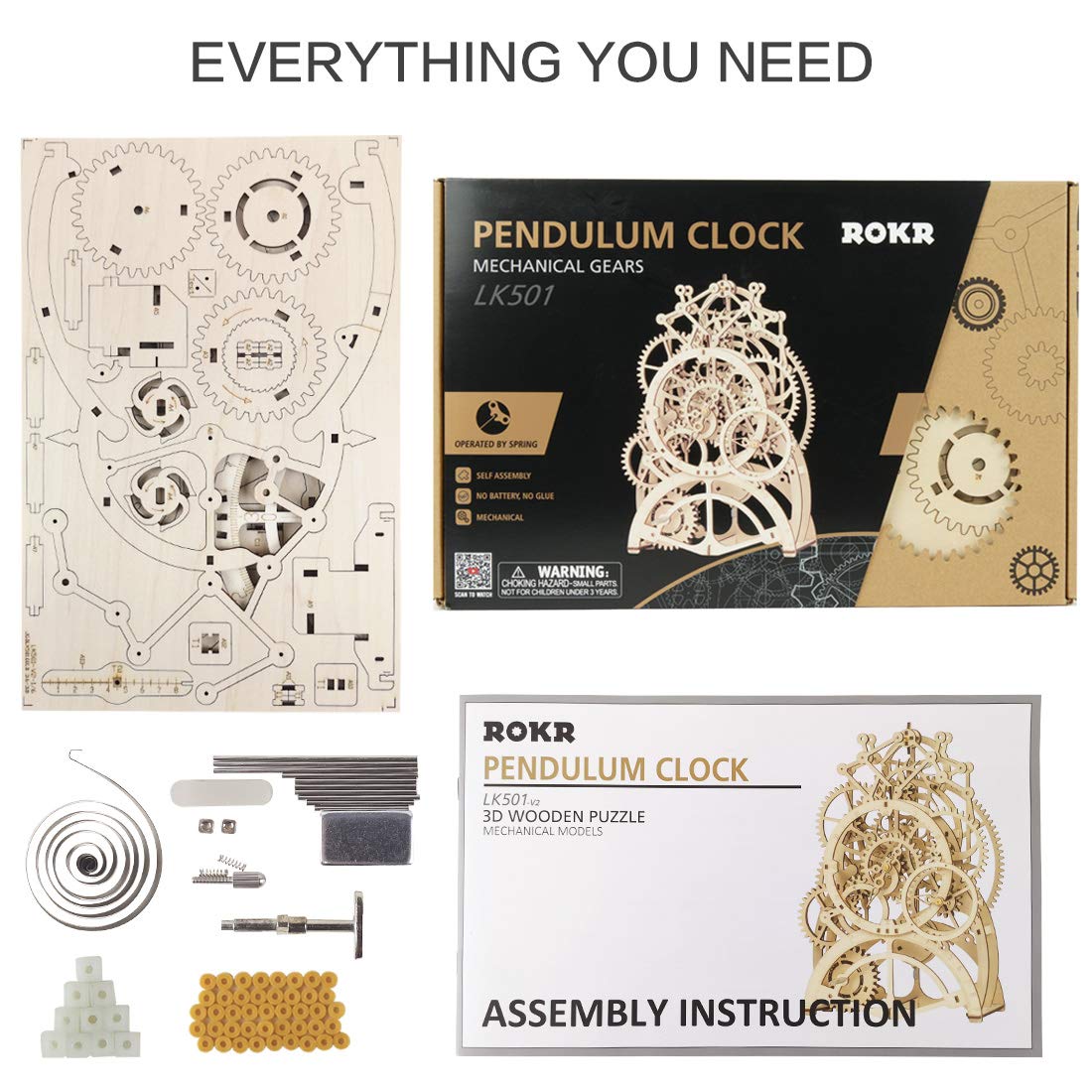 ROKR 3D Wooden Mechanical Pendulum Clock Puzzle – Laser-Cut Gears Toy, Family Craft Kit