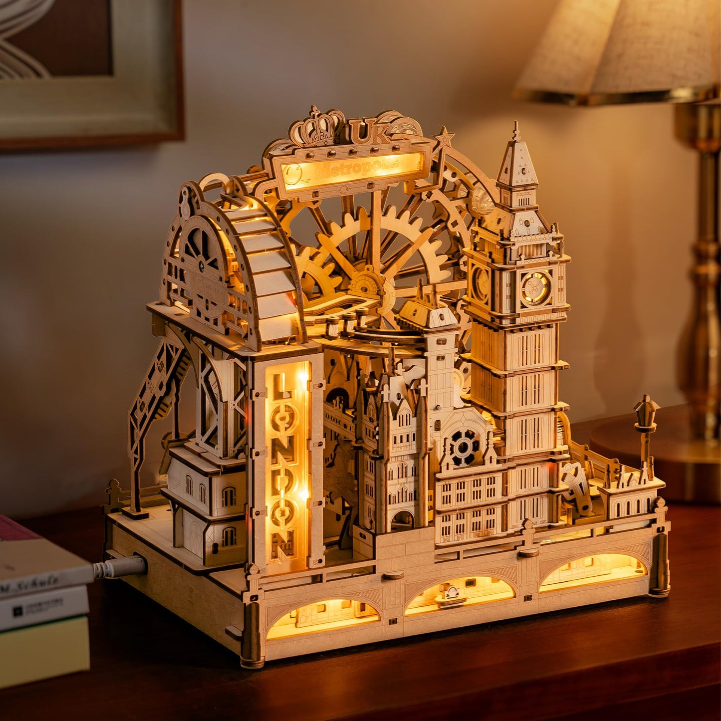 ROKR Marble Travel London – 3D Wooden Puzzle with LED Marble Run for Adults