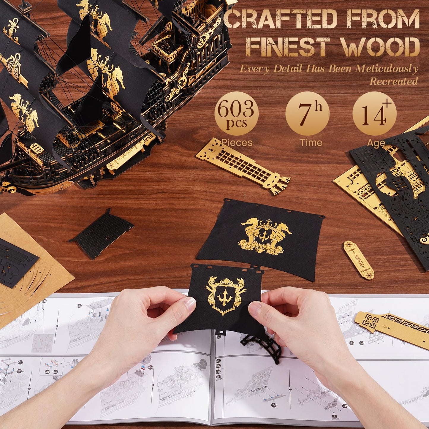 ROKR 3D Seahorse Barque Puzzle for Adults – 603-Piece Glue-Free 1:100 Model Kit