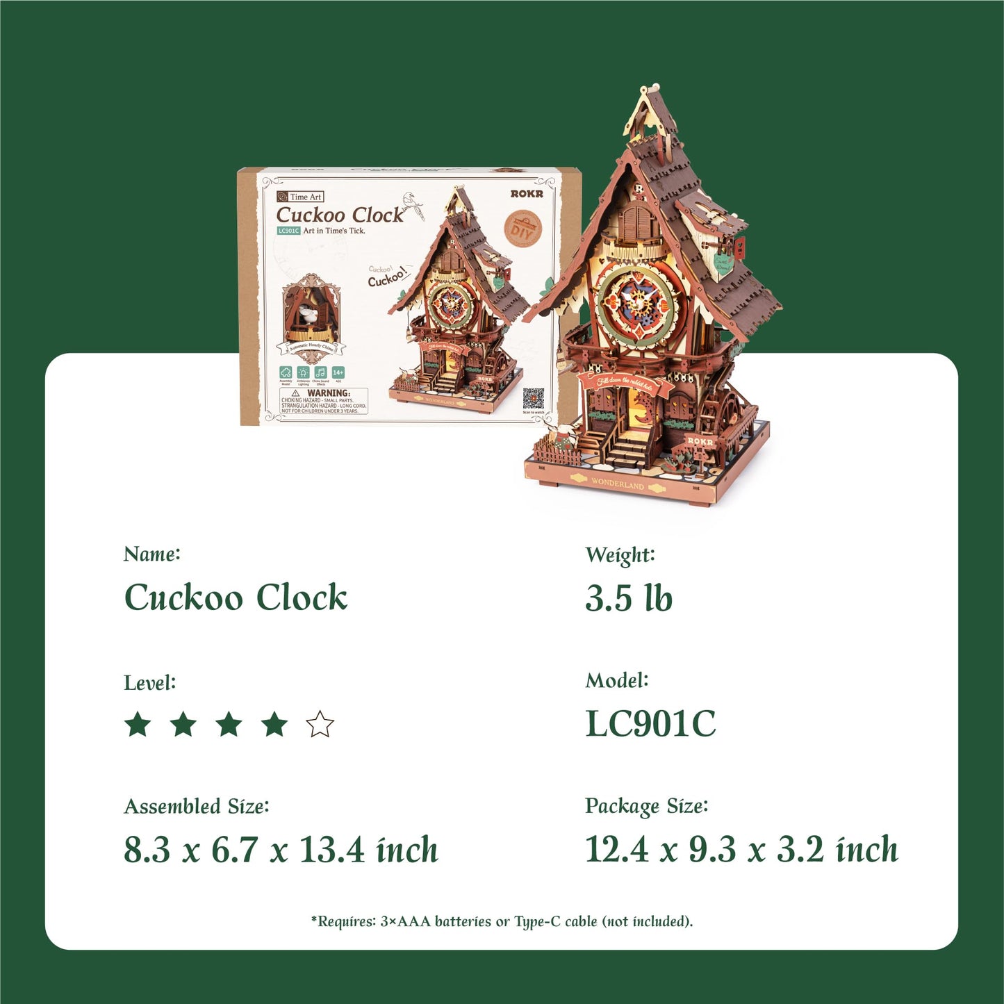 ROKR 3D Cuckoo Clock Puzzle Kit for Adults – No-Glue, LED Treehouse Decor