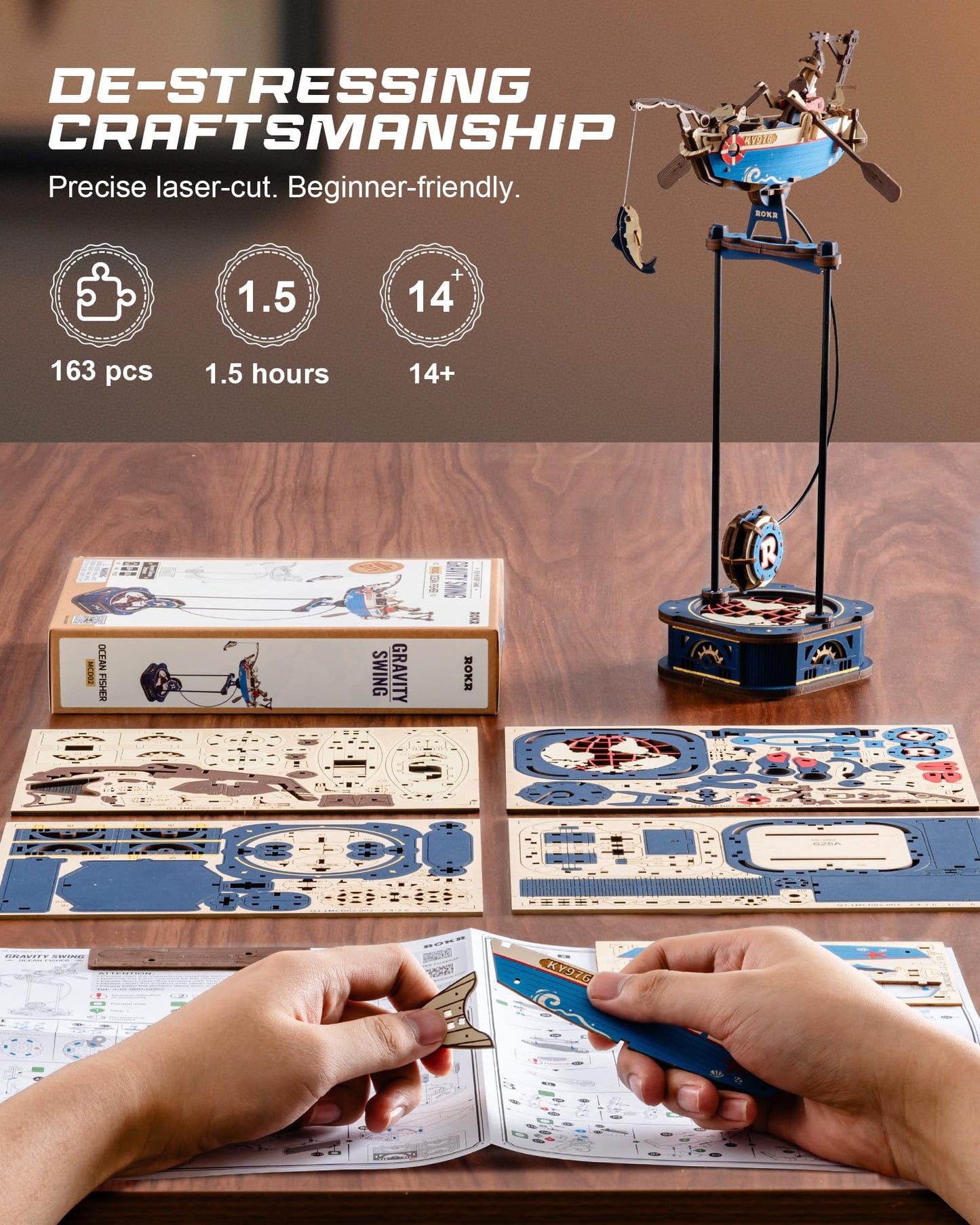 ROKR 3D Wooden Puzzle for Adults - Gravity Swing Ocean Fisher Model, 161 Pieces
