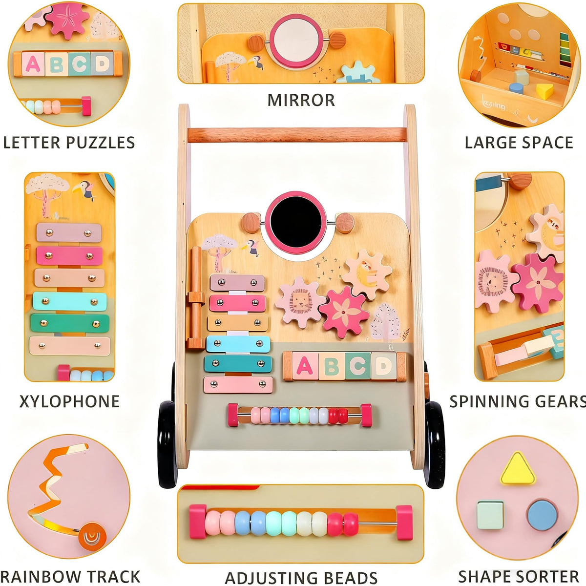 RolePlayCook Wooden Baby Walker with Anti-Tip Design – Montessori Activity Center for 6-18 Months