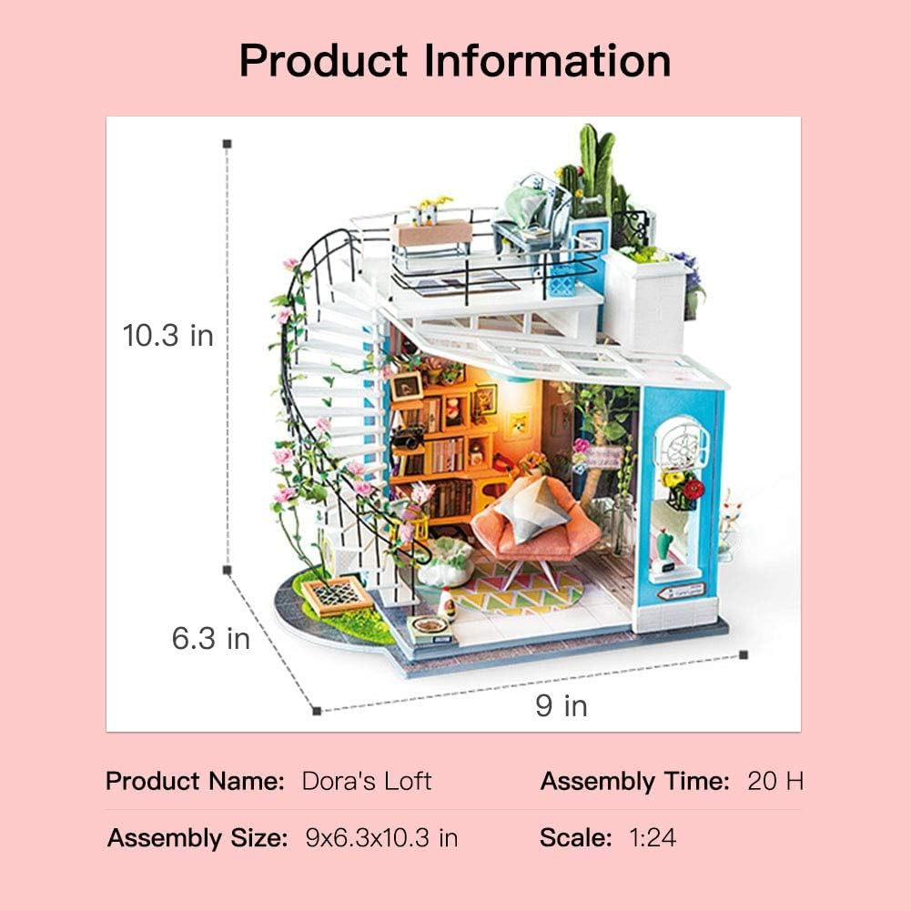 Rolife Dora's Rooftop Dollhouse Kit – 1:24 DIY Miniature with Furniture & Decor