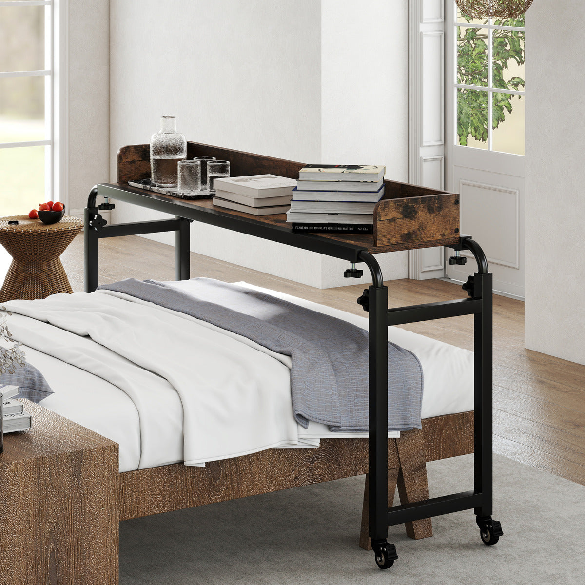 Rolling Computer Desk with Wheels and Metal Frame-Rustic Brown