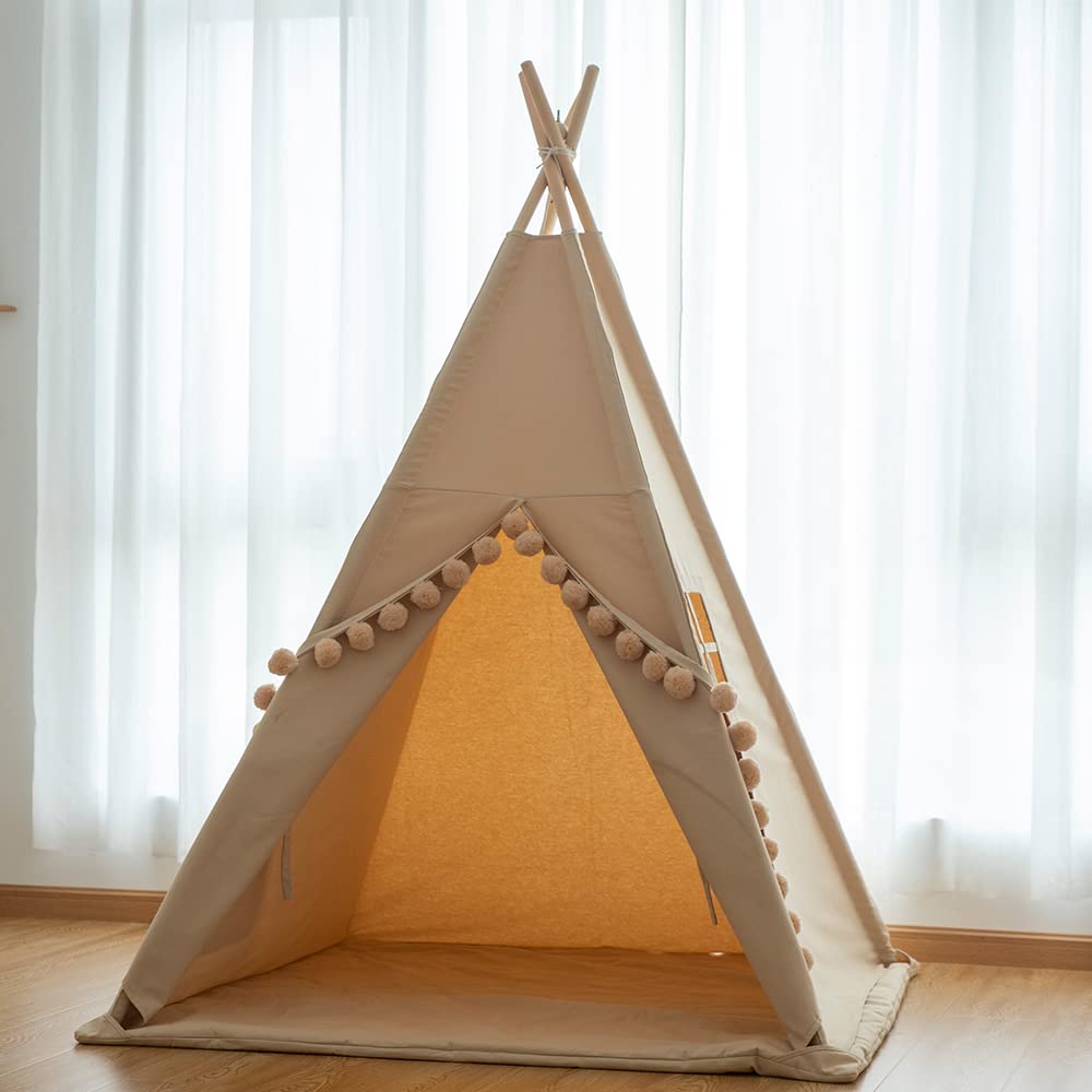RONGFA Kids Teepee Tent with Lights, Large Pompoms & Carry Bag – Indoor Play Teepee