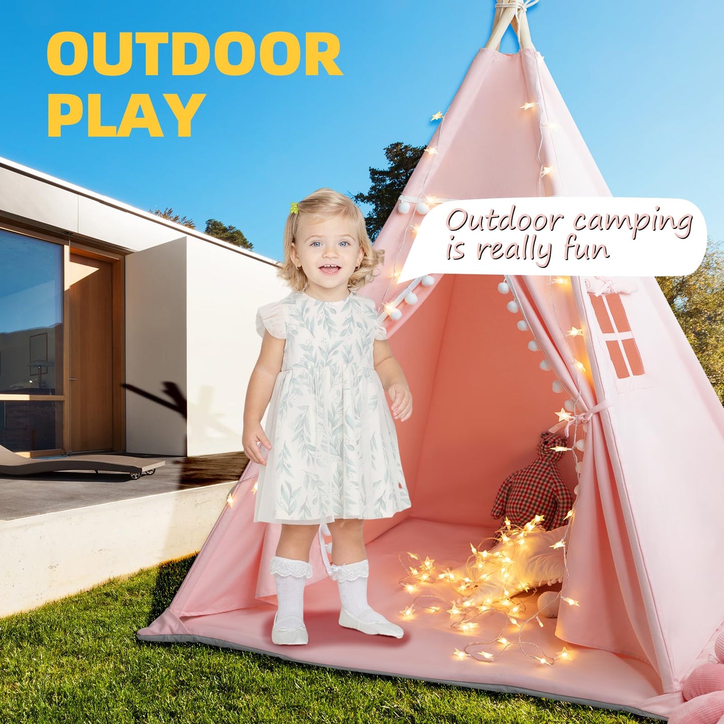 RONGFA Teepee Tent for Kids – Pink Cotton Canvas Playhouse with Mat, Carry Case & Foldable Design