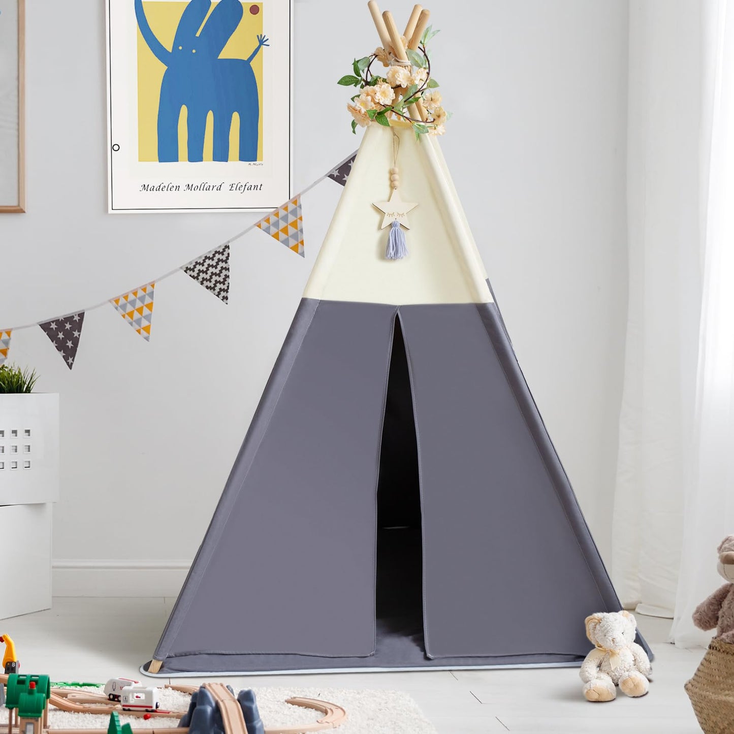RONGFA Teepee Tent for Kids – 100% Cotton Play Tent with Mat (Beige Gray)