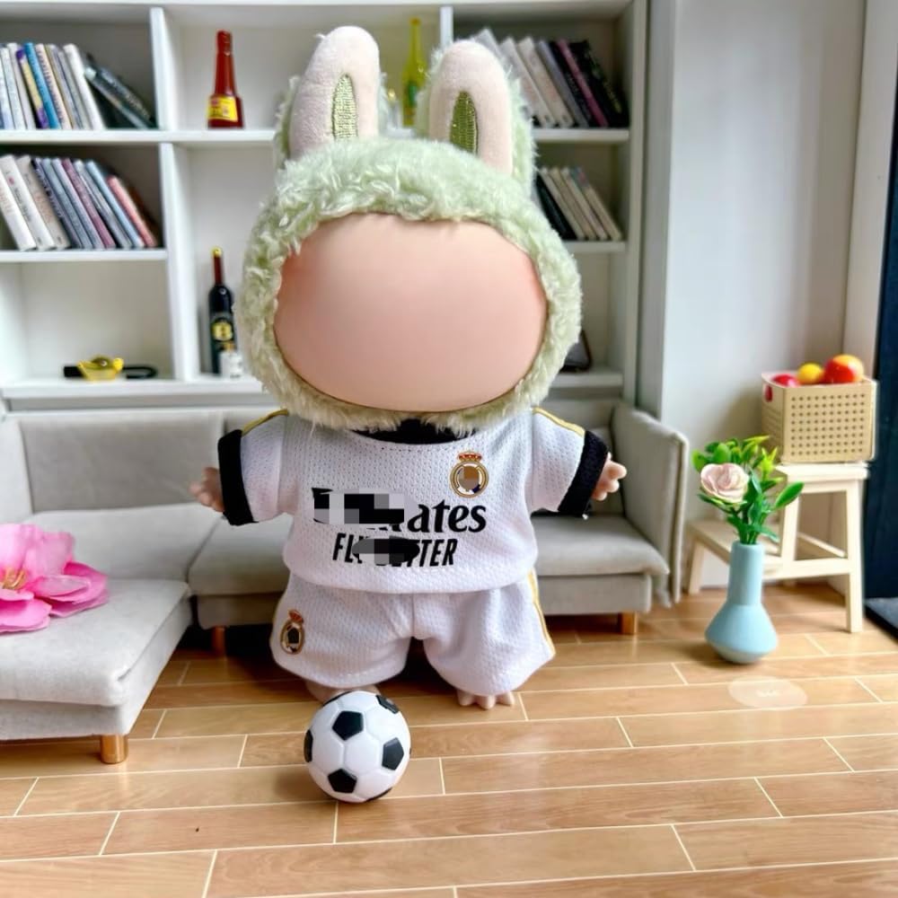 Roozxbscen 2-Piece Soccer Outfit for Labubu Dolls - Breathable Jersey & Shorts, 17cm, White