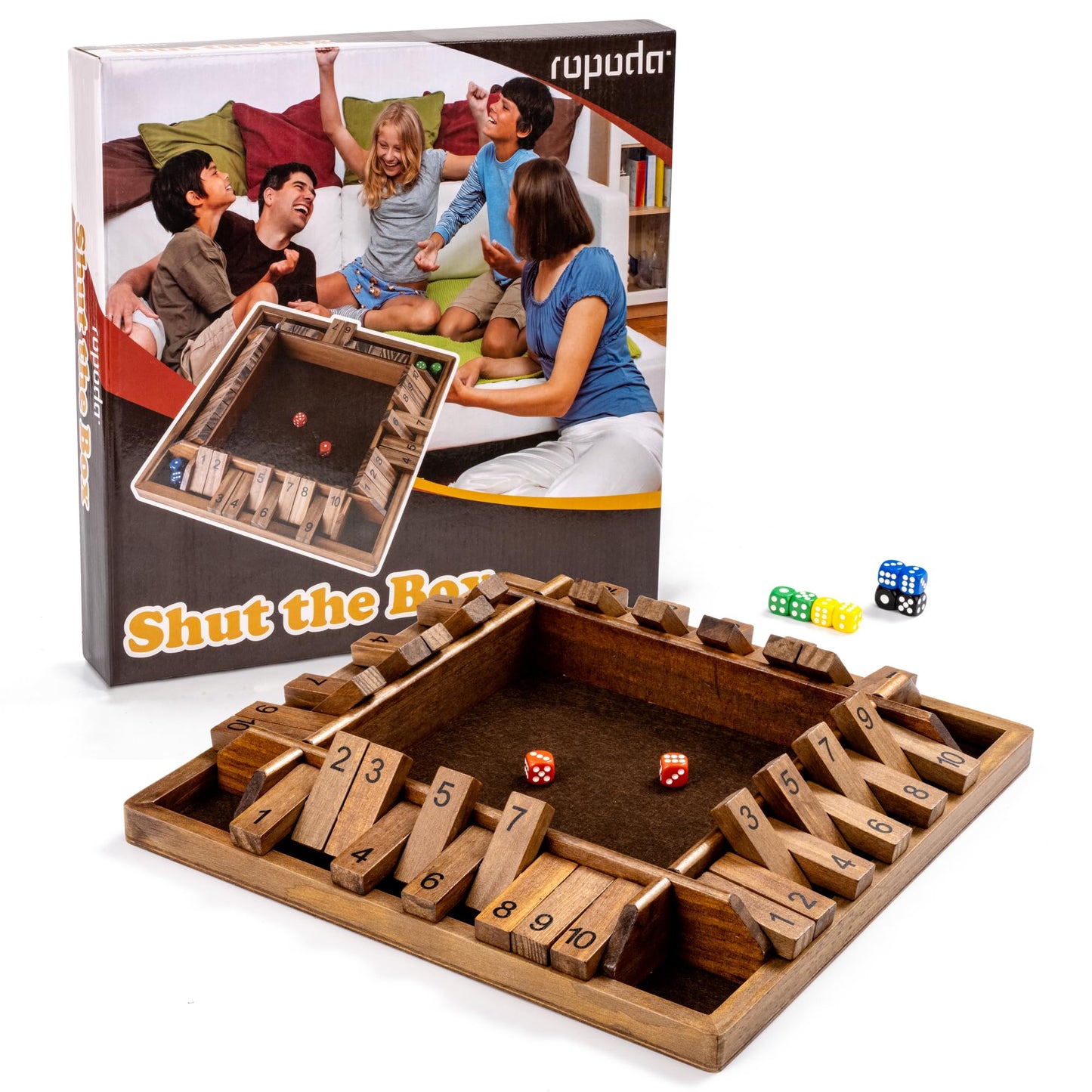 ropoda 14-Inch 4-Way Shut the Box Game – Vintage Wooden Dice Board for 2-4 Players