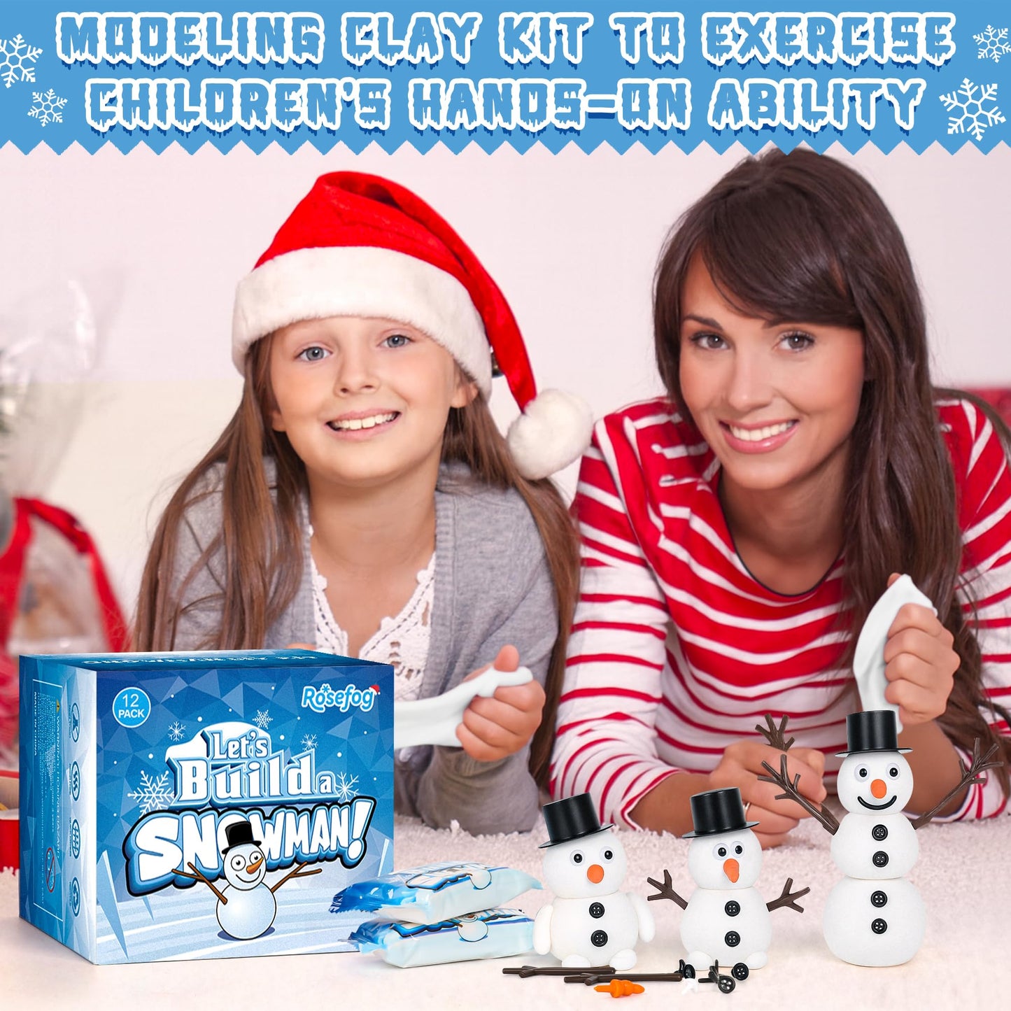 RoseFog 24-Pack Snowman Crafts Kit | Air-Dry Clay Christmas Decor & Family Gift