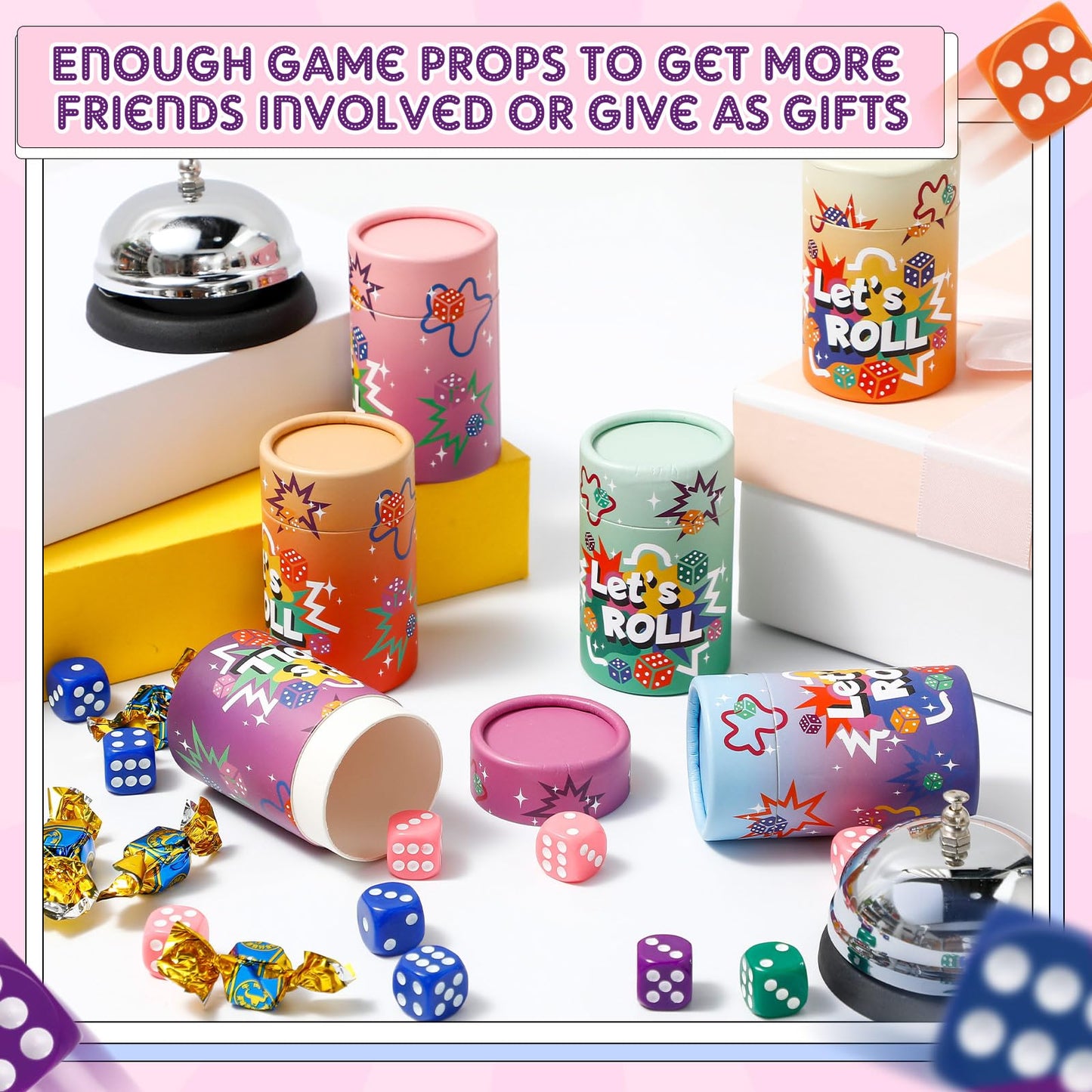 RoundFunny Bunco Game Kit — 72 Dice, 6 Bells, 6 Cups for 2–12 Players