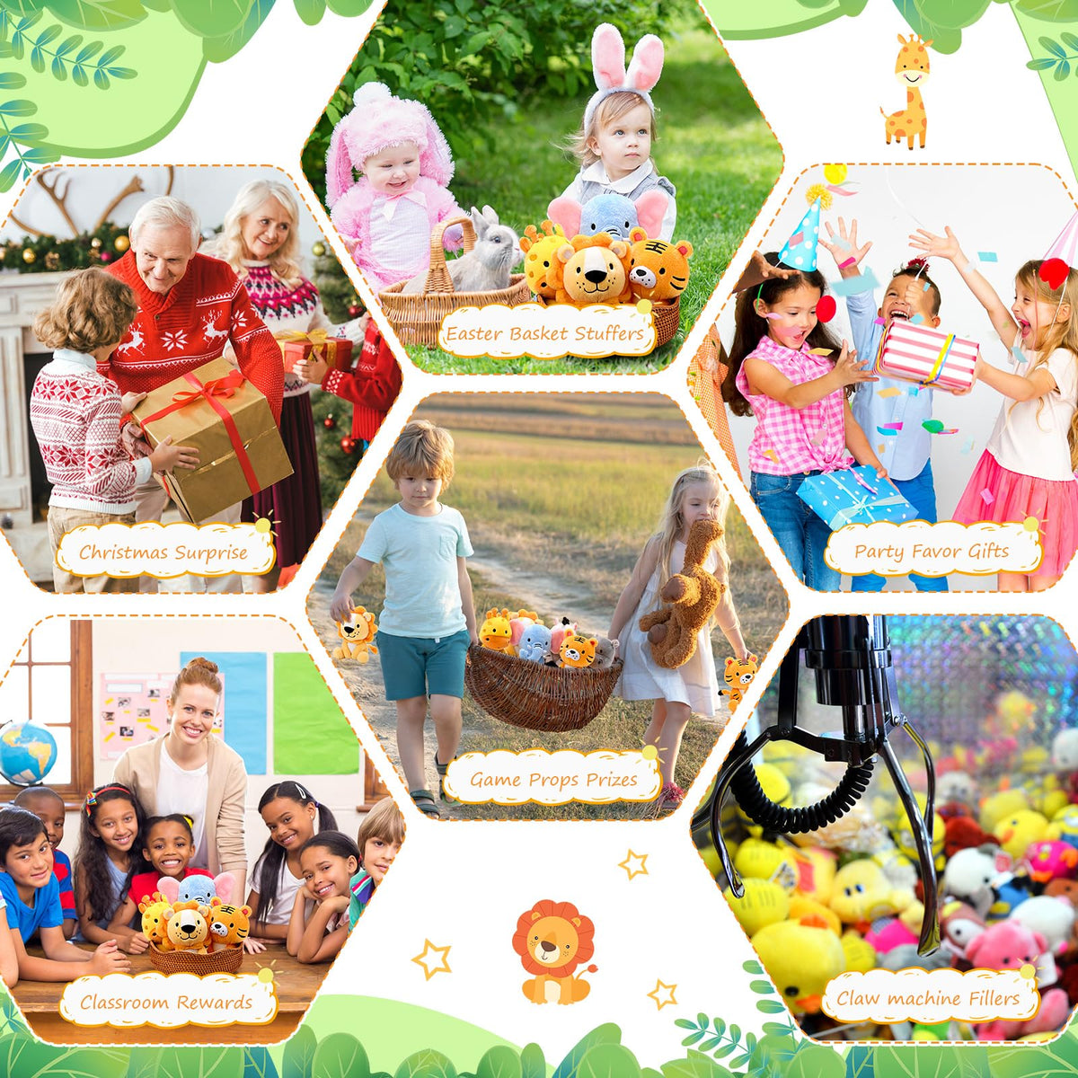 RoundFunny 6 Pcs Small Safari Animals Plush Toys — 7 Inch Jungle Plush Set for Baby Showers & Parties