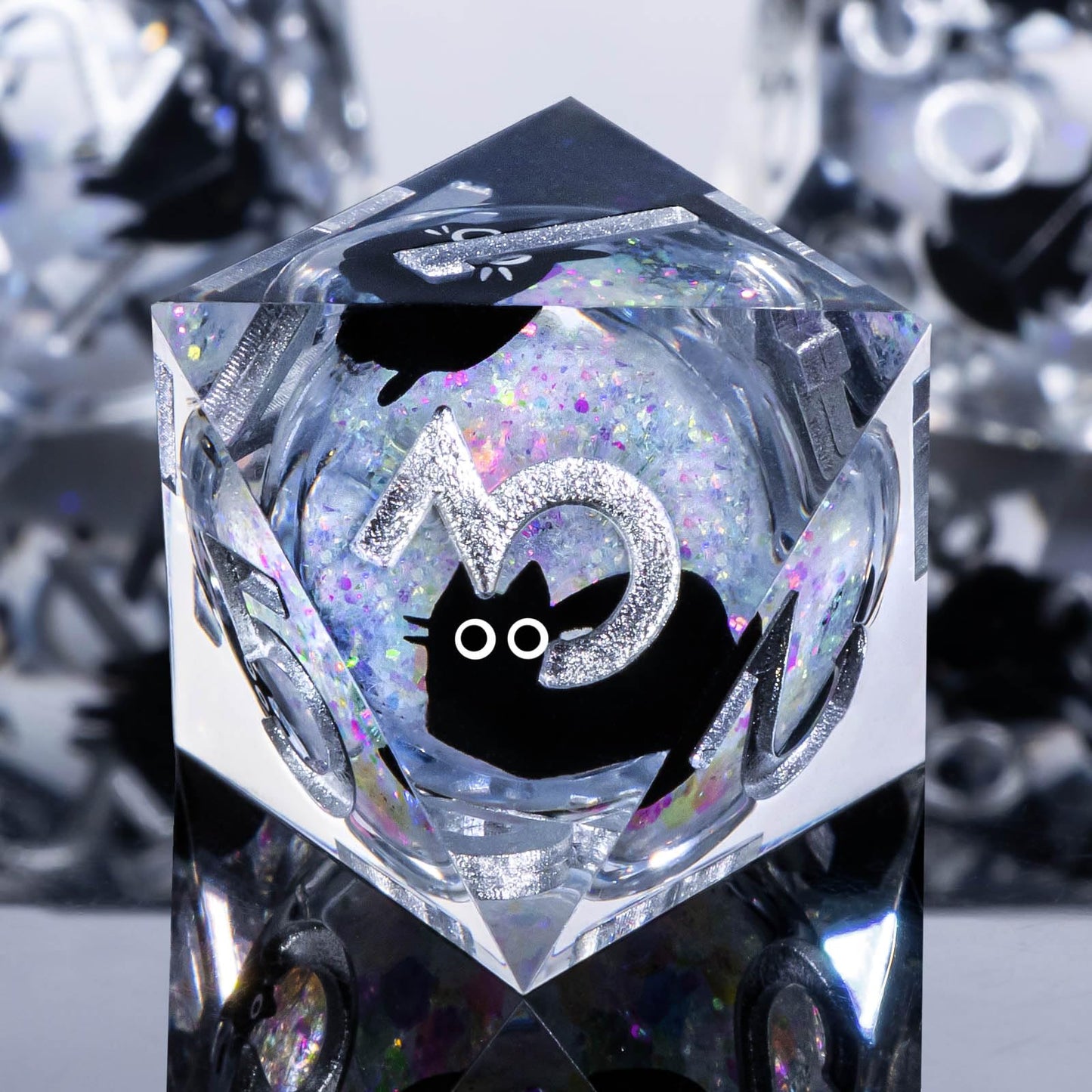 Roycevon Resin DND Dice Set – 7pc Liquid Core Cat Dice in Gift Box | Rainbow White