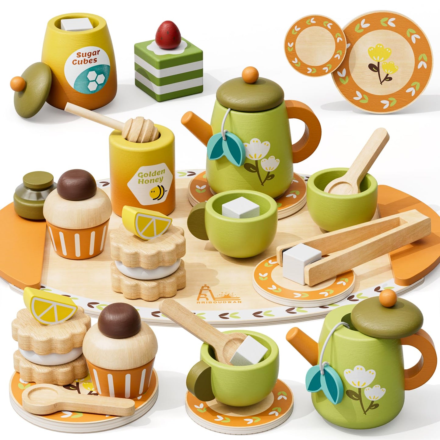 RRIBOUDWAN Wooden Tea Set for Toddlers | Pretend Play Tea Party Toys Age 2-6