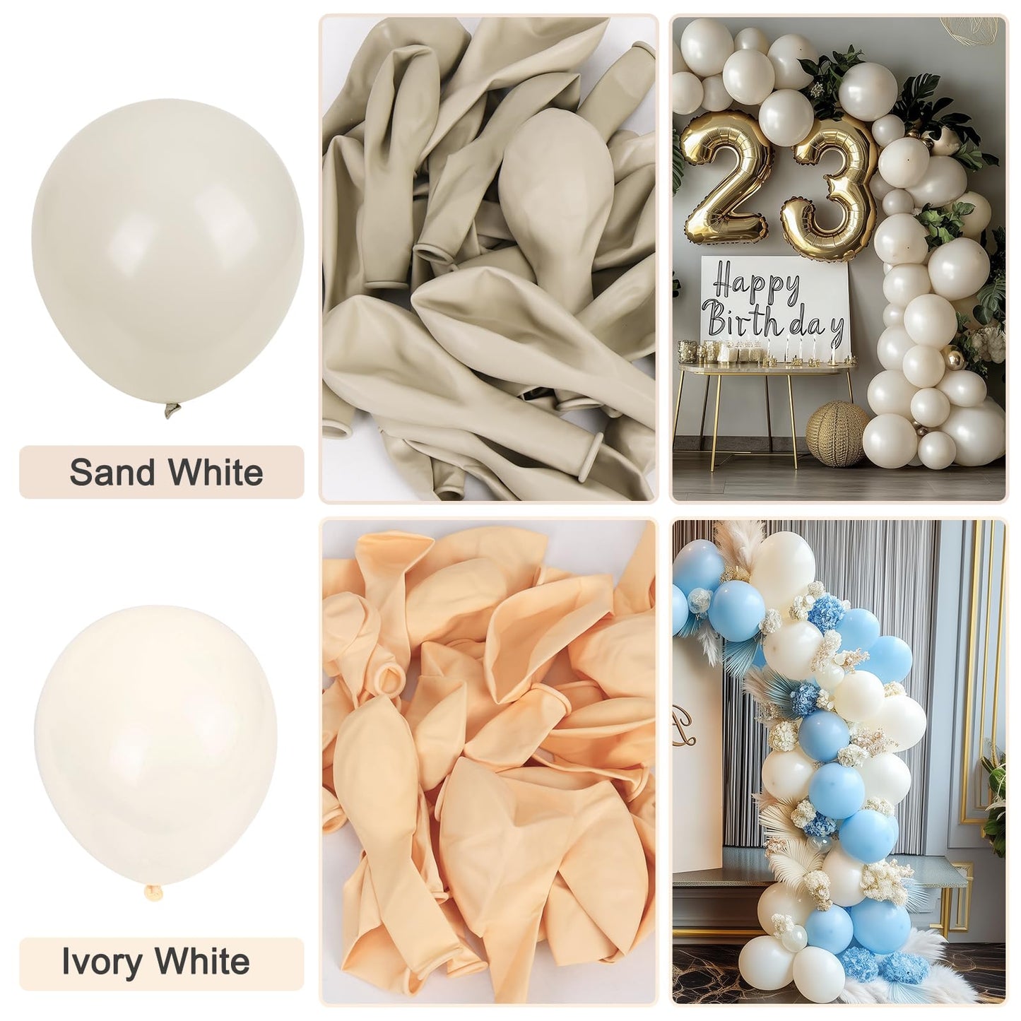 RUBFAC 129pcs Sand White Balloon Kit – 18/12/10/5in for Balloon Garland Arch, Party & Wedding Decor