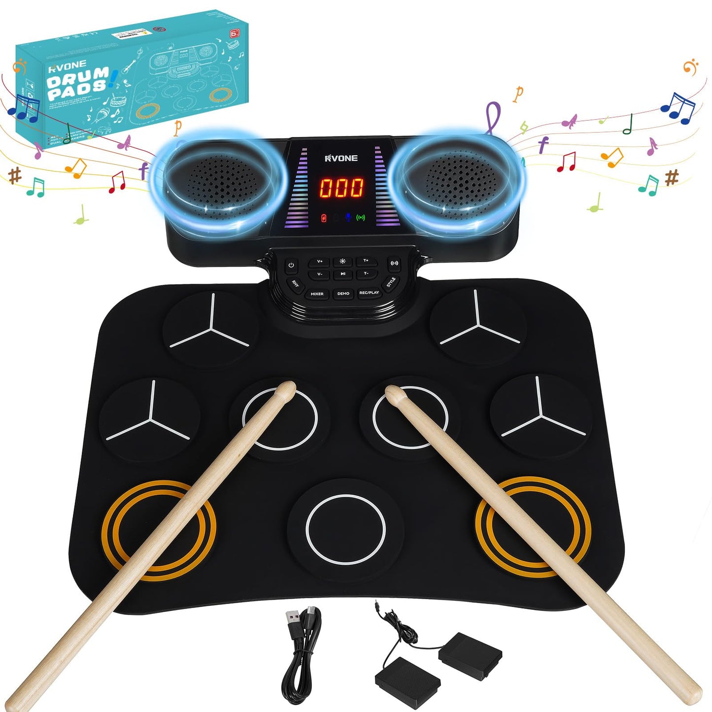 RVONE Electric Drum Set for Kids – 9 Pads, 3W Speakers, LCD Screen