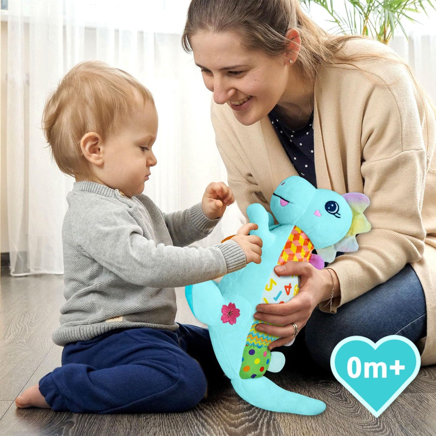 Ryotagift Baby Dino Musical Stuffed Toy – 5-in-1 Teether, Crinkle & Rattle for 0-12 Months (Blue)