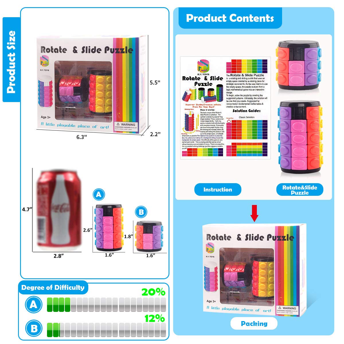 R.Y.TOYS Rotate & Slide Puzzle – 3- & 5-Layer Fidget Cube (8-Color Pieces)