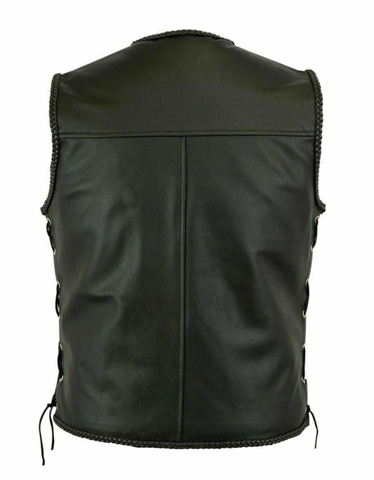 Men Genuine Leather Black Fish Hook Buckle Side Lace Motorcycle Vest - Waistcoat
