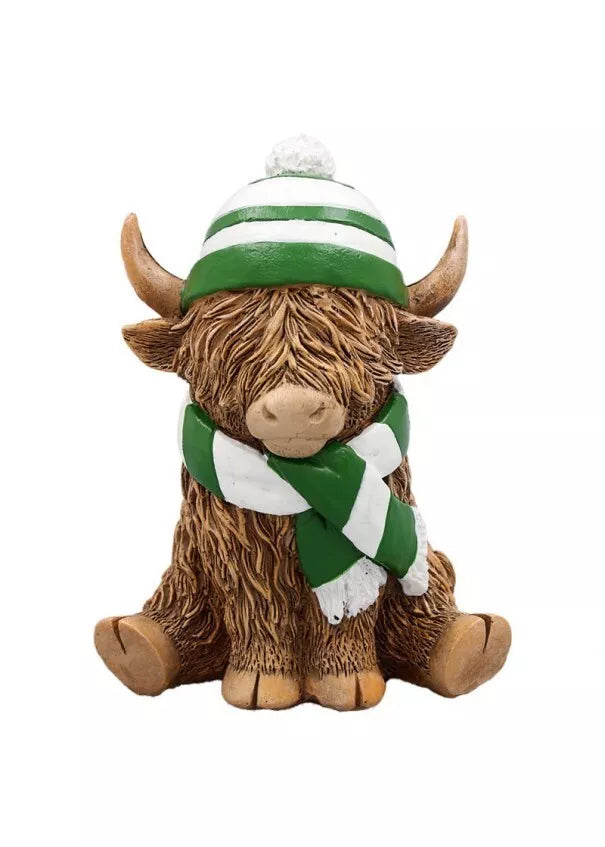 Happy Highland Cow Ornament green and White Scarf Gift Boxed