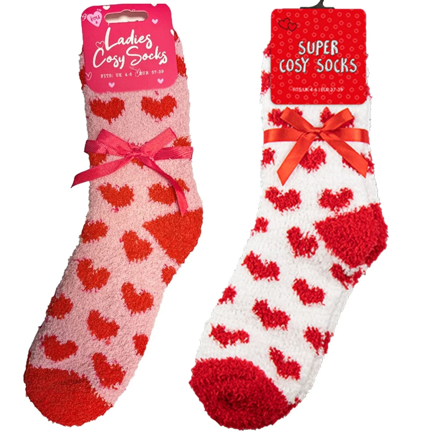 Ladies Valentines Socks Super Cosy Hearts Size 4 - 6 White and Red one pair supplied