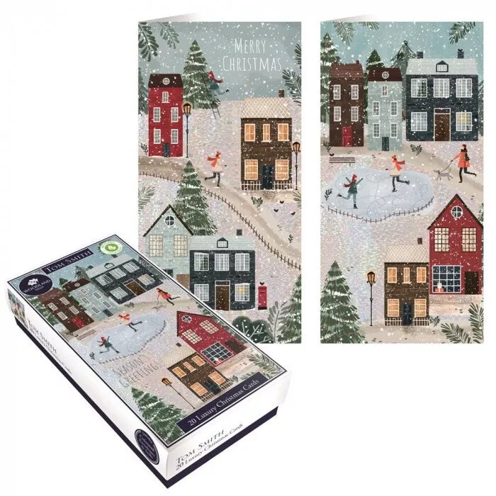 Tom Smith Luxury Christmas Cards 20Pk Box 2 Festive Xmas Designs VILLAGE FRONT