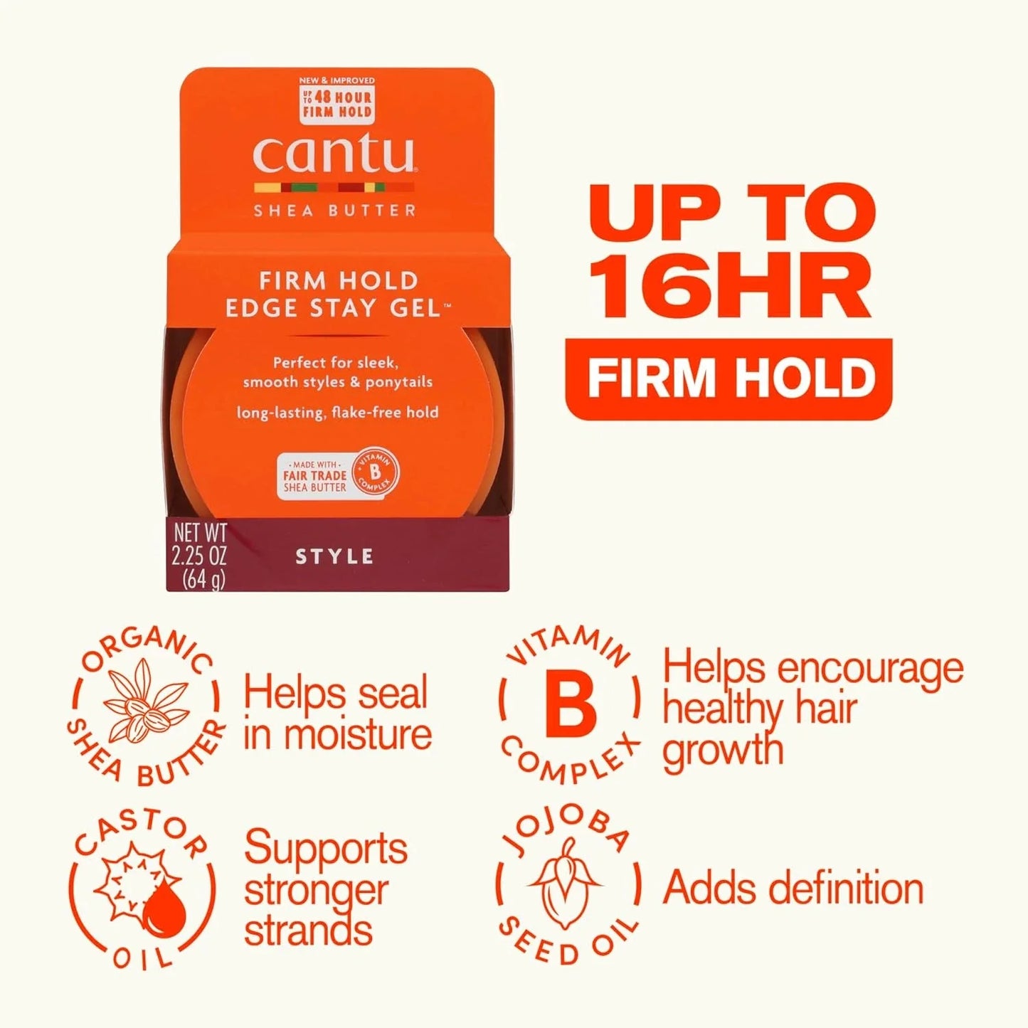 Cantu Extra Hold Edge Stay Gel 2.5 oz / 64 gm - For Sleek Styles & Frizz Control