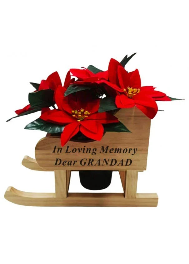 Memorial Wooden Sleigh WITH Red Poinsettia Grave Pot grandad