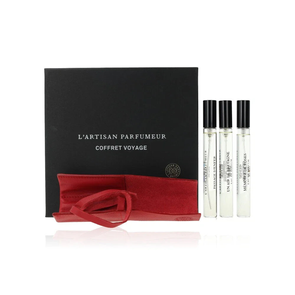L'Artisan Parfumeur Travelset EDT Spray 10ml x 3 -Pass D'Enfer + Un Air De Bretagne+ Memoire De Roses with Leather Pouch Unisex Fragrance