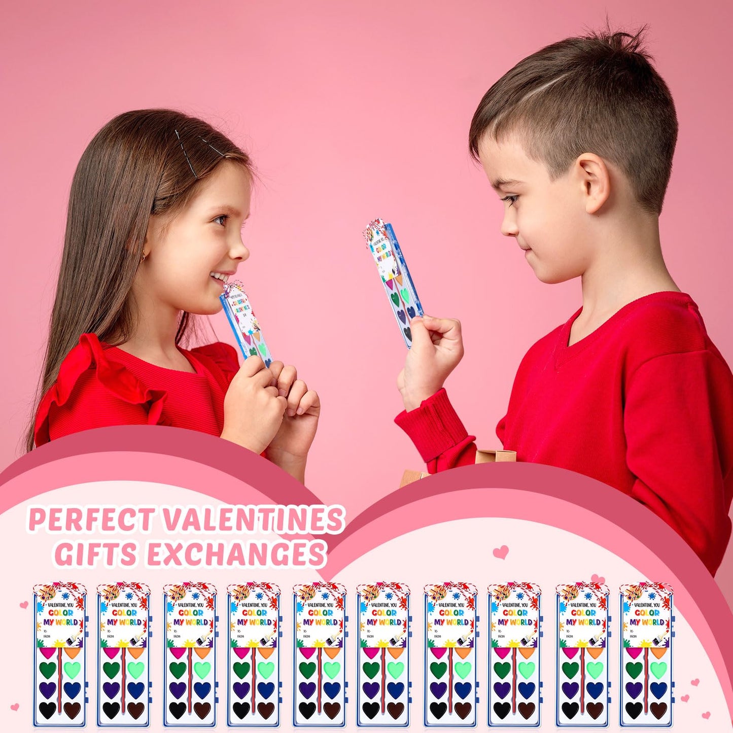 Sabary 50-Pack Valentines Day Watercolor Paint Set with Cards and Rope
