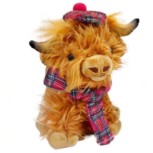 Wilbur Highland Cow Plush Toy – 10-Inch Brown Plushie with Tartan Hat & Scarf | SaBrissi