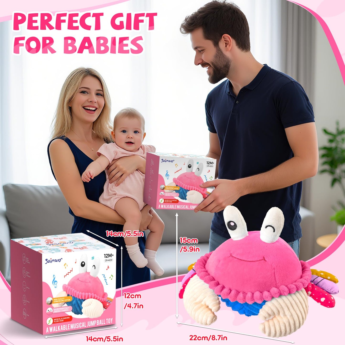 SAIMAND Pink Crawling Crab Baby Toy — 40 Songs, Voice Recorder, USB Rechargeable