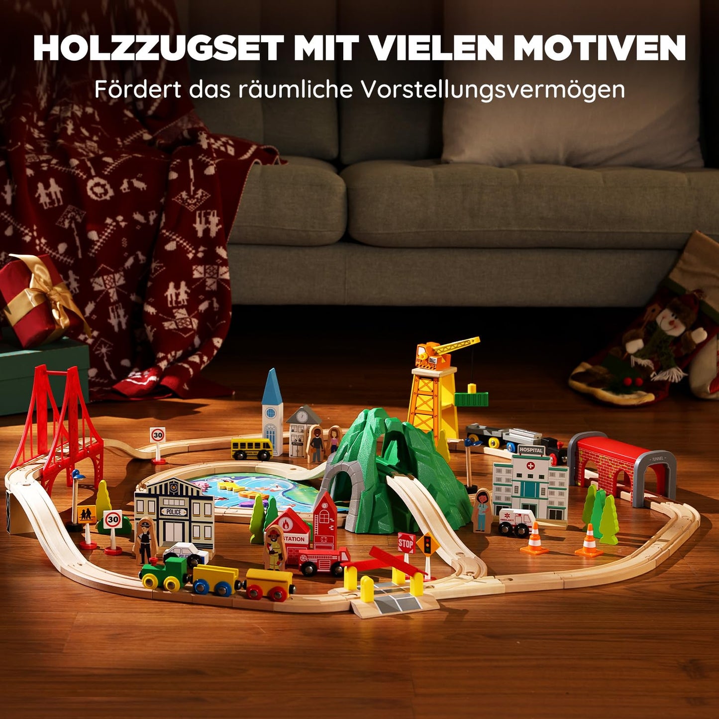 SainSmart Jr. 112-Piece Wooden Train Set – Double-Sided Tracks, Brio/Thomas/Melissa & Doug Compatible