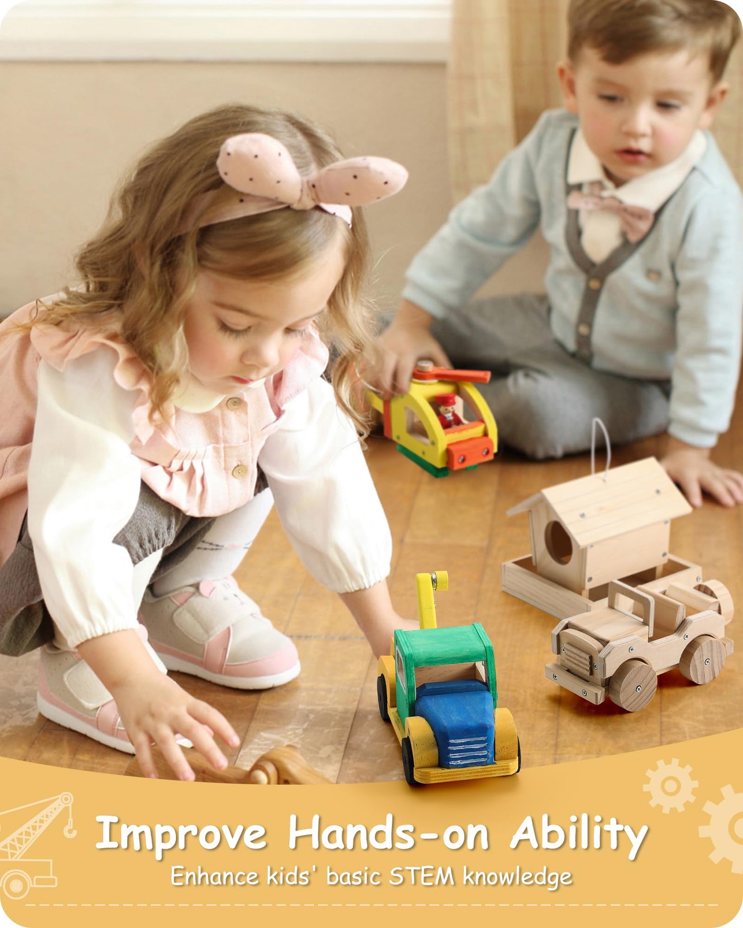 SainSmart Jr. 4-in-1 Woodworking Kit for Kids – Birdhouse, Helicopter, Off-Road Car & Tow Truck