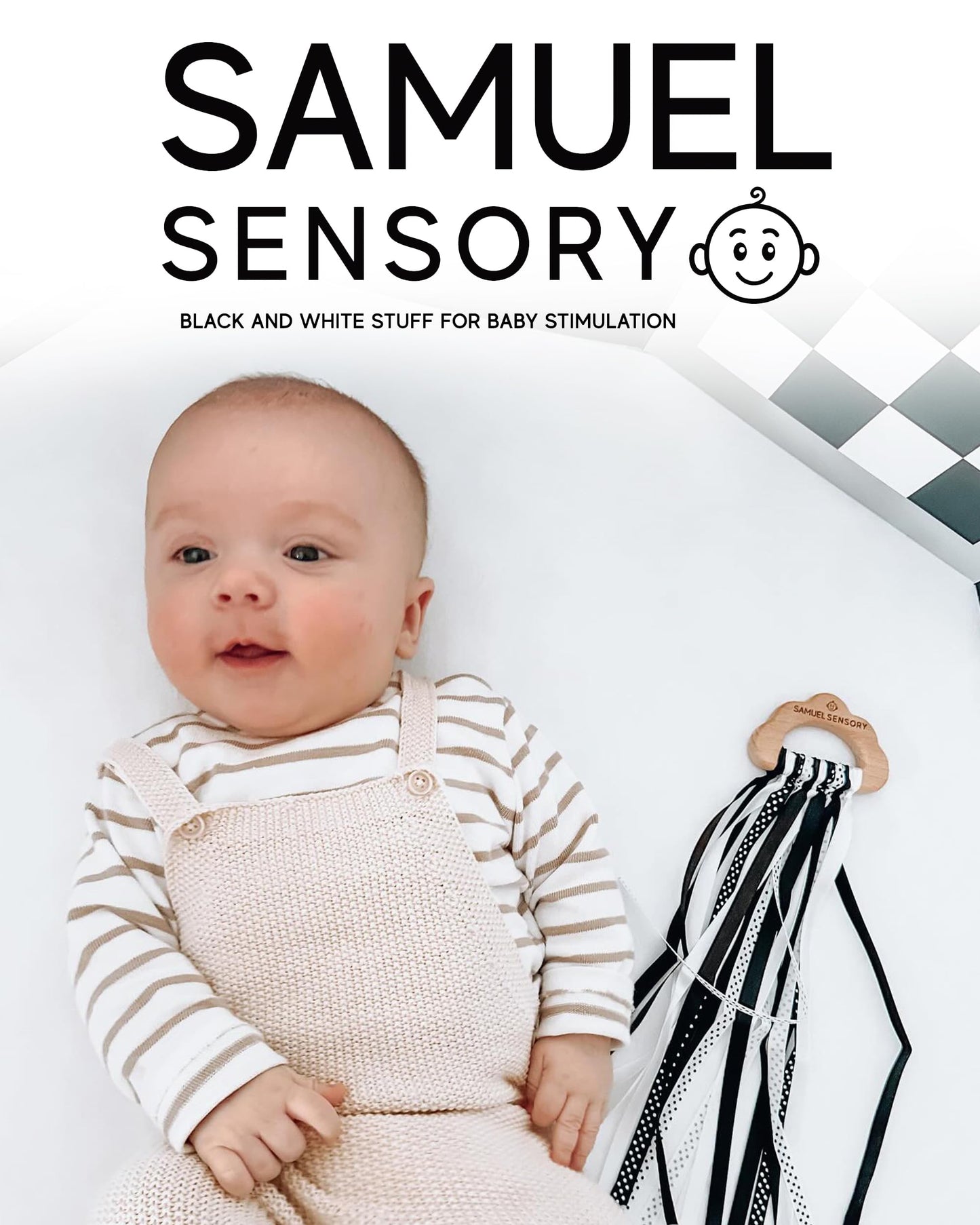 Samuel Sensory Cloud Ribbon Toy – Black & White Beech Wood Teether & Tummy Time Toy