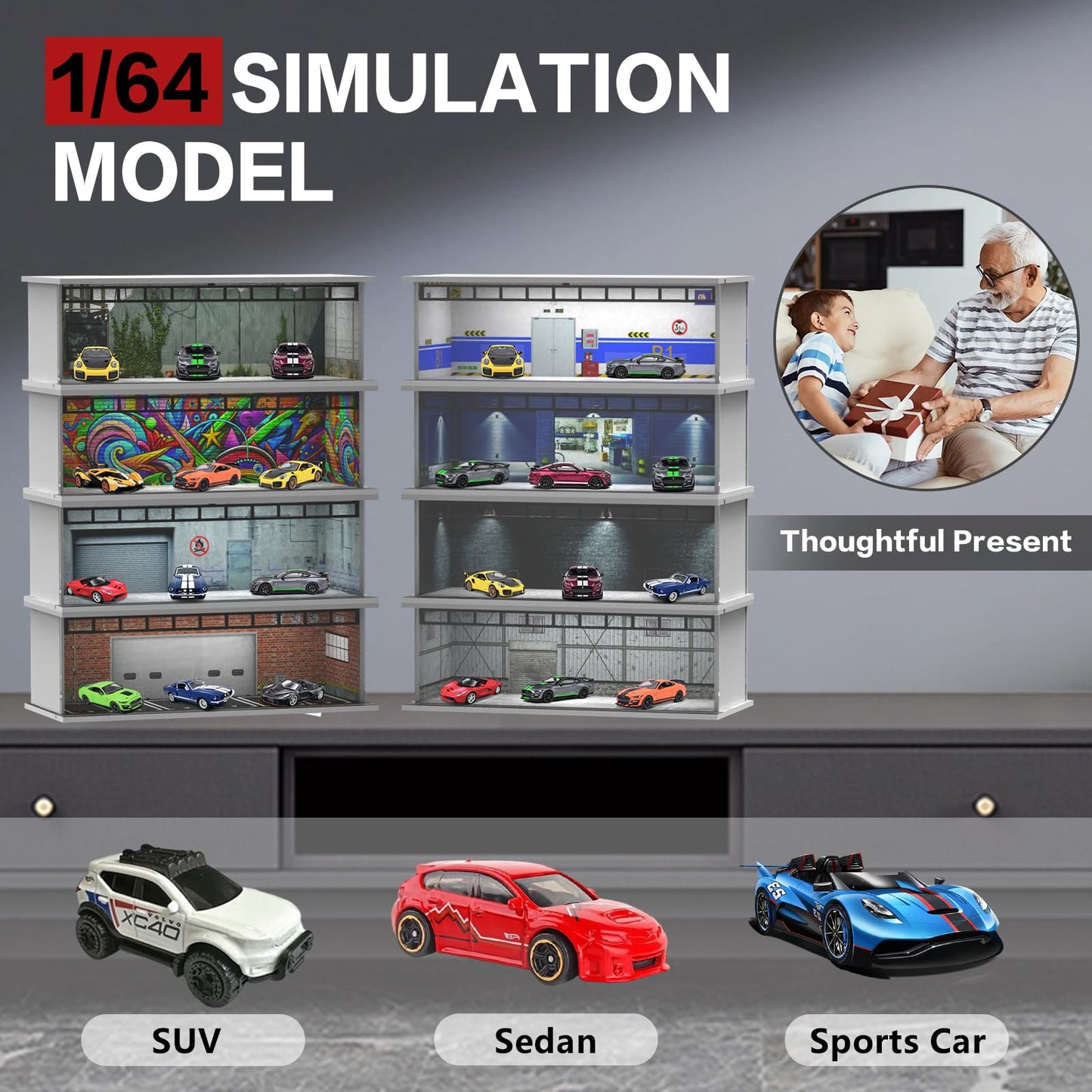 SAMYUCHO 1/64 Diecast Display Case with LED Light | Stackable Acrylic Garage for Hot Wheels & Matchbox Cars